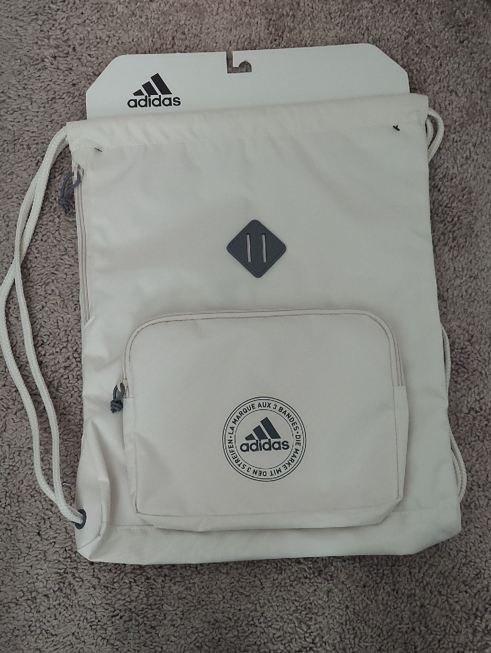 adidas White Drawstring Backpack with Front Pocket
